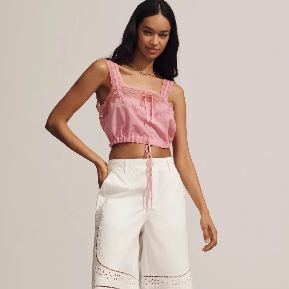 Forever That Girl Lace Square-Neck Bubble Tank Top Cropped Pink Blouse M NWT - Picture 3 of 5